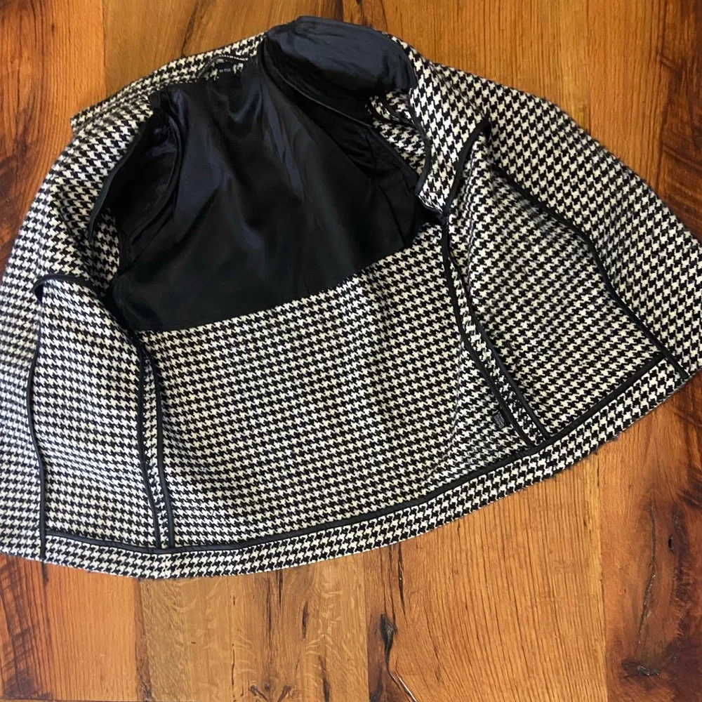 Ellen Tracy Black/Ivory Blend Houndstooth Wool/Cashmere Open Front Blazer, Sz 6 - Picture 6 of 10